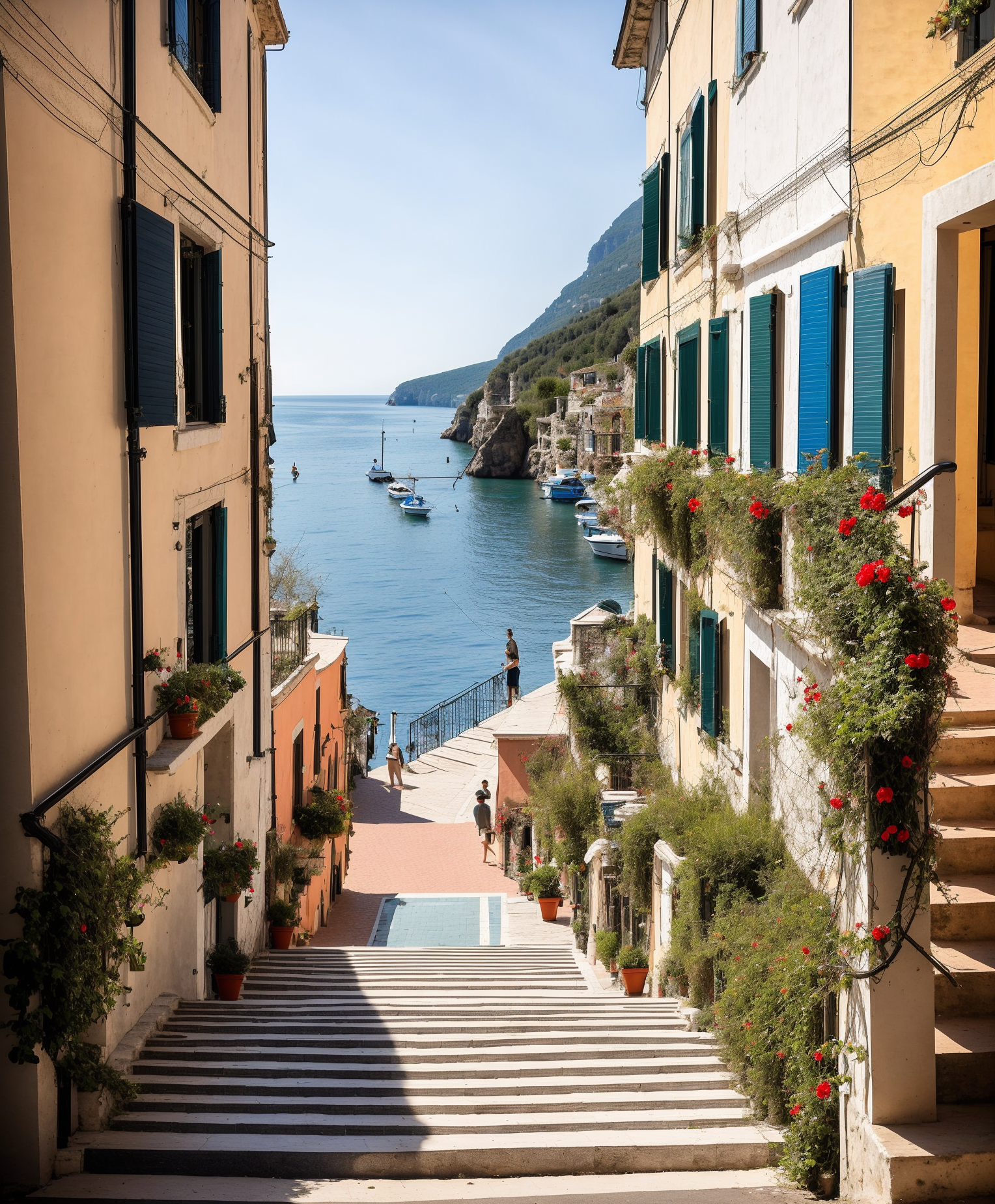 11565-3887667238-(raw analog style) Style-Italy a beach with people laying on it and a building next to the water with a staircase leading to the.png